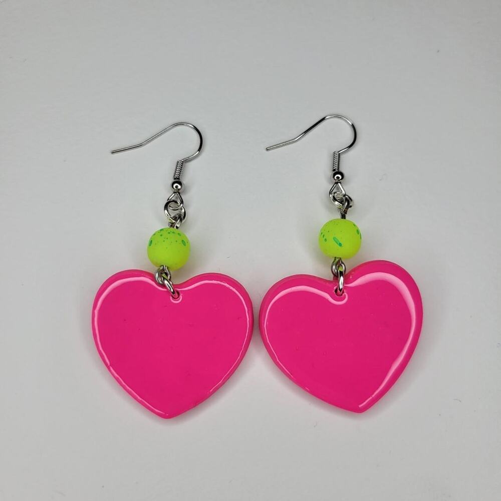 UV Reactive Hot Pink and Green Heart Earrings